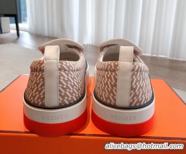 Top Grade Hermes Gliss Slip-on Sneakers in Printed Denim and Calfskin Light Brown/White 0620131