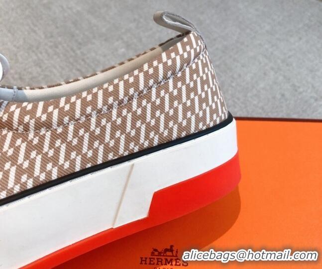 Top Grade Hermes Gliss Slip-on Sneakers in Printed Denim and Calfskin Light Brown/White 0620131