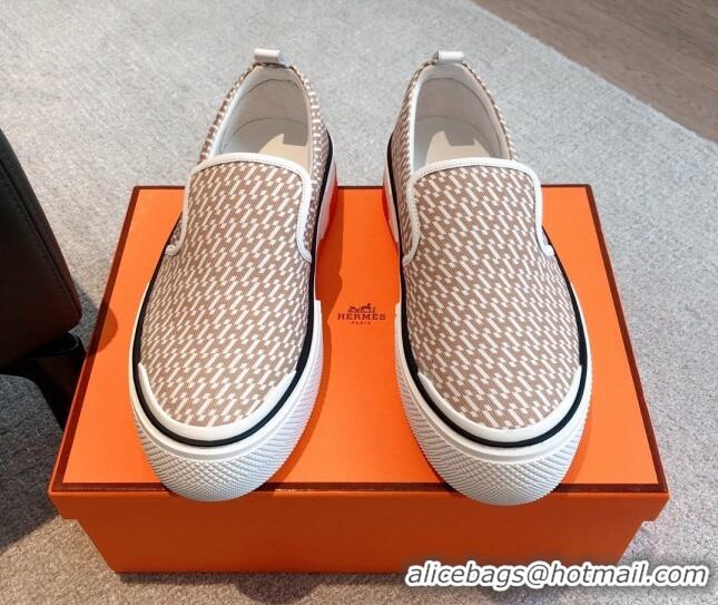 Top Grade Hermes Gliss Slip-on Sneakers in Printed Denim and Calfskin Light Brown/White 0620131