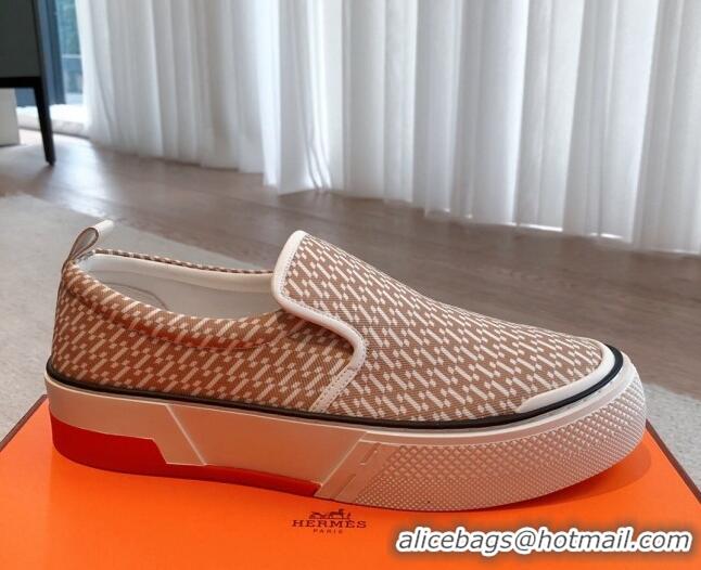 Top Grade Hermes Gliss Slip-on Sneakers in Printed Denim and Calfskin Light Brown/White 0620131