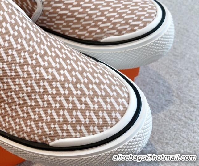 Top Grade Hermes Gliss Slip-on Sneakers in Printed Denim and Calfskin Light Brown/White 0620131