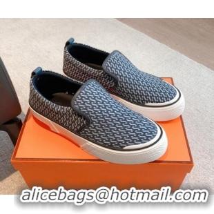 Unique Style Hermes Gliss Slip-on Sneakers in Printed Denim and Calfskin Dark Blue/Black 0620132