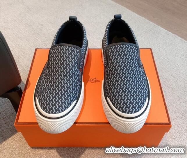 Unique Style Hermes Gliss Slip-on Sneakers in Printed Denim and Calfskin Dark Blue/Black 0620132