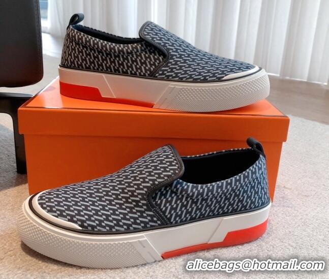 Unique Style Hermes Gliss Slip-on Sneakers in Printed Denim and Calfskin Dark Blue/Black 0620132