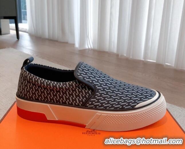 Unique Style Hermes Gliss Slip-on Sneakers in Printed Denim and Calfskin Dark Blue/Black 0620132