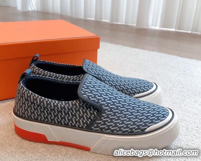 Unique Style Hermes Gliss Slip-on Sneakers in Printed Denim and Calfskin Dark Blue/Black 0620132