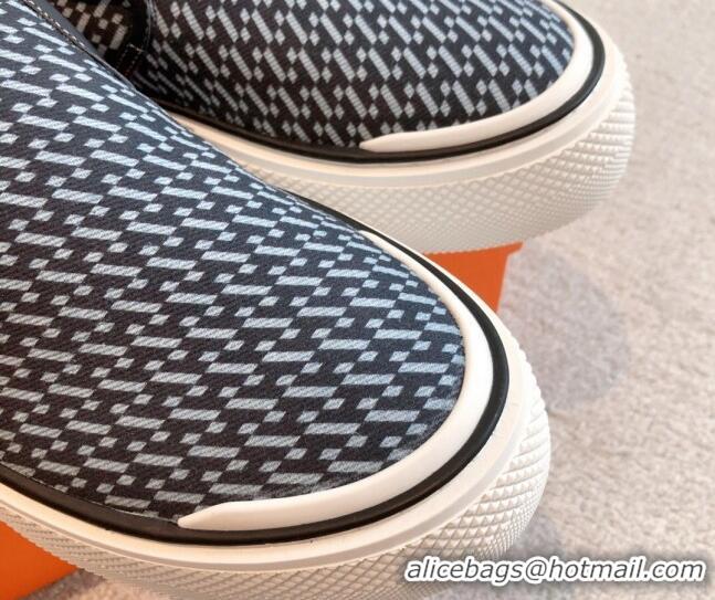 Unique Style Hermes Gliss Slip-on Sneakers in Printed Denim and Calfskin Dark Blue/Black 0620132