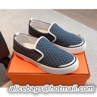 Good Looking Hermes Gliss Slip-on Sneakers in Printed Denim and Calfskin Dark Blue/White 0620133