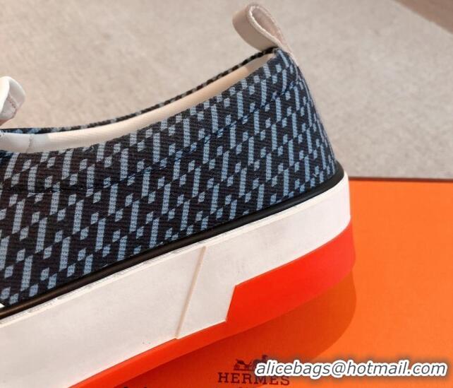 Good Looking Hermes Gliss Slip-on Sneakers in Printed Denim and Calfskin Dark Blue/White 0620133