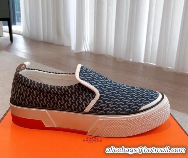 Good Looking Hermes Gliss Slip-on Sneakers in Printed Denim and Calfskin Dark Blue/White 0620133