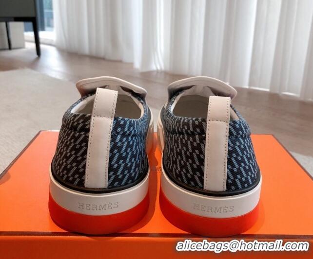 Good Looking Hermes Gliss Slip-on Sneakers in Printed Denim and Calfskin Dark Blue/White 0620133