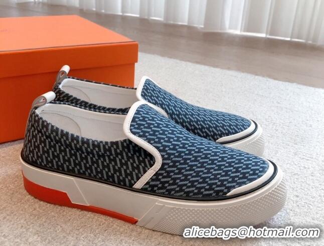 Good Looking Hermes Gliss Slip-on Sneakers in Printed Denim and Calfskin Dark Blue/White 0620133