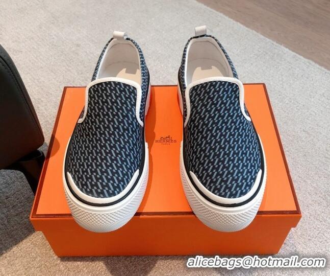 Good Looking Hermes Gliss Slip-on Sneakers in Printed Denim and Calfskin Dark Blue/White 0620133