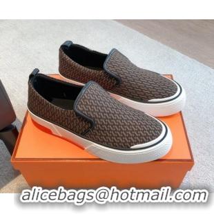 Pretty Style Hermes Gliss Slip-on Sneakers in Printed Denim and Calfskin Dark Brown 0620134