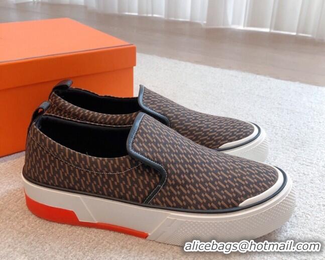 Pretty Style Hermes Gliss Slip-on Sneakers in Printed Denim and Calfskin Dark Brown 0620134