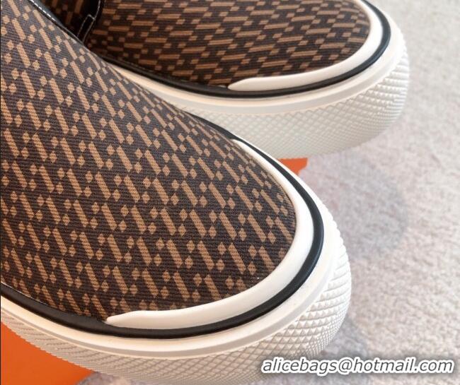 Pretty Style Hermes Gliss Slip-on Sneakers in Printed Denim and Calfskin Dark Brown 0620134