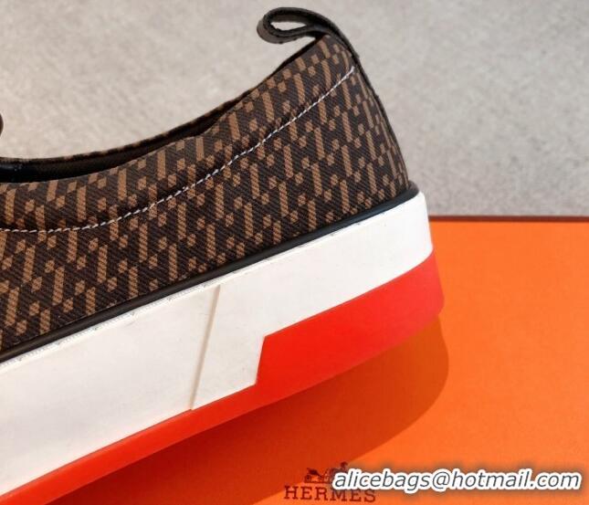 Pretty Style Hermes Gliss Slip-on Sneakers in Printed Denim and Calfskin Dark Brown 0620134