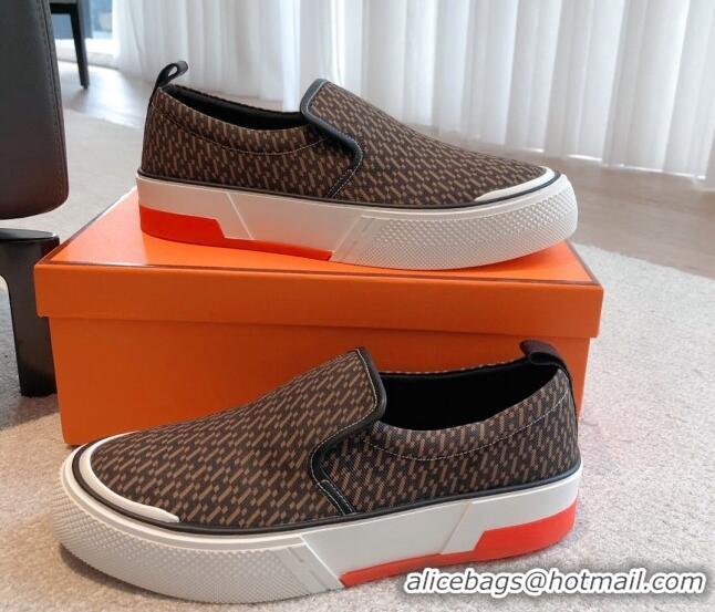 Pretty Style Hermes Gliss Slip-on Sneakers in Printed Denim and Calfskin Dark Brown 0620134