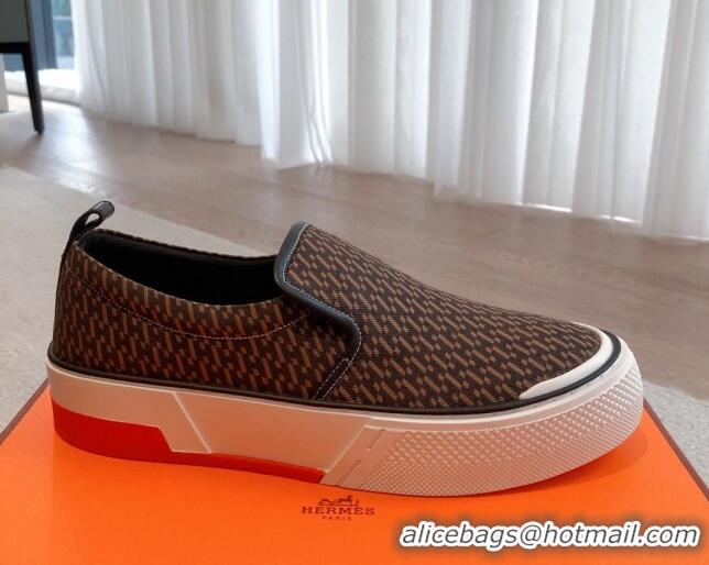 Pretty Style Hermes Gliss Slip-on Sneakers in Printed Denim and Calfskin Dark Brown 0620134