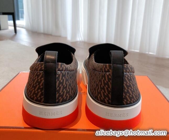 Pretty Style Hermes Gliss Slip-on Sneakers in Printed Denim and Calfskin Dark Brown 0620134