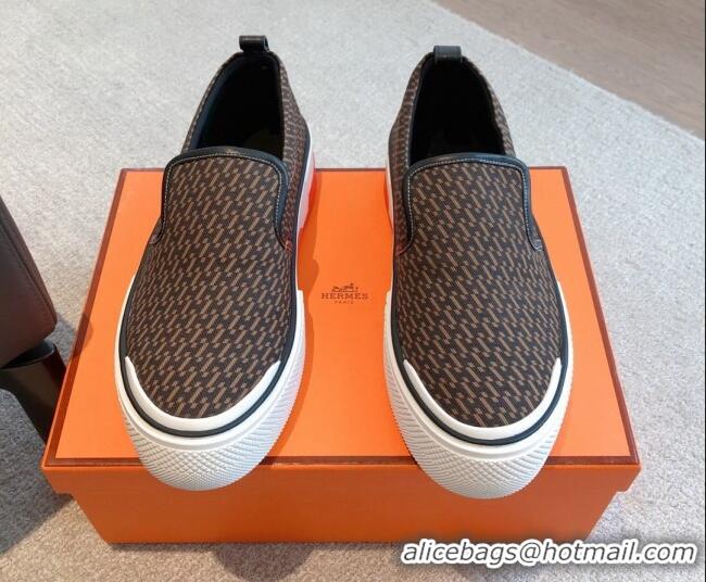 Pretty Style Hermes Gliss Slip-on Sneakers in Printed Denim and Calfskin Dark Brown 0620134