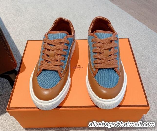 Best Product Hermes Get Low-top Sneakers in Denim and Calfskin Blue/Brown 620135