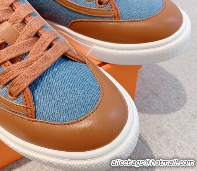 Best Product Hermes Get Low-top Sneakers in Denim and Calfskin Blue/Brown 620135