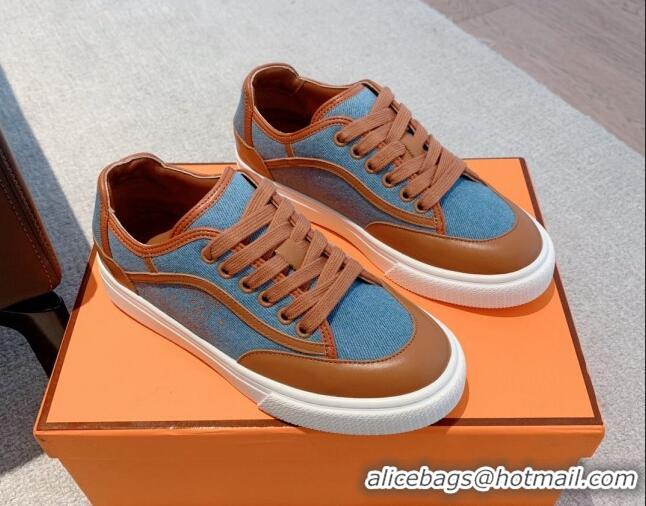 Best Product Hermes Get Low-top Sneakers in Denim and Calfskin Blue/Brown 620135