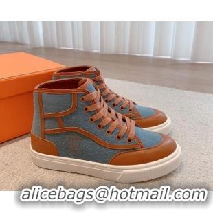 Best Price Hermes Get Up High-top Sneakers in Denim and Calfskin Blue/Brown 620136