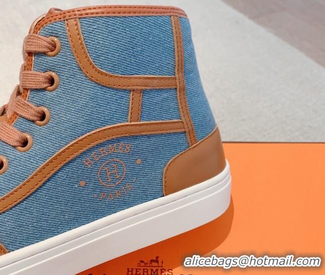 Best Price Hermes Get Up High-top Sneakers in Denim and Calfskin Blue/Brown 620136