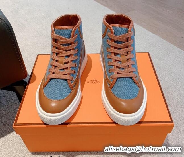 Best Price Hermes Get Up High-top Sneakers in Denim and Calfskin Blue/Brown 620136