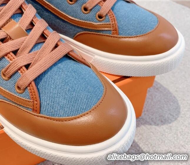 Best Price Hermes Get Up High-top Sneakers in Denim and Calfskin Blue/Brown 620136