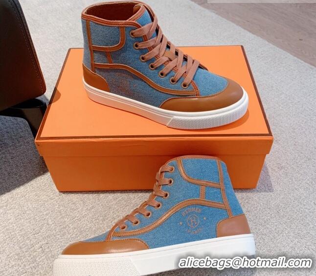 Best Price Hermes Get Up High-top Sneakers in Denim and Calfskin Blue/Brown 620136