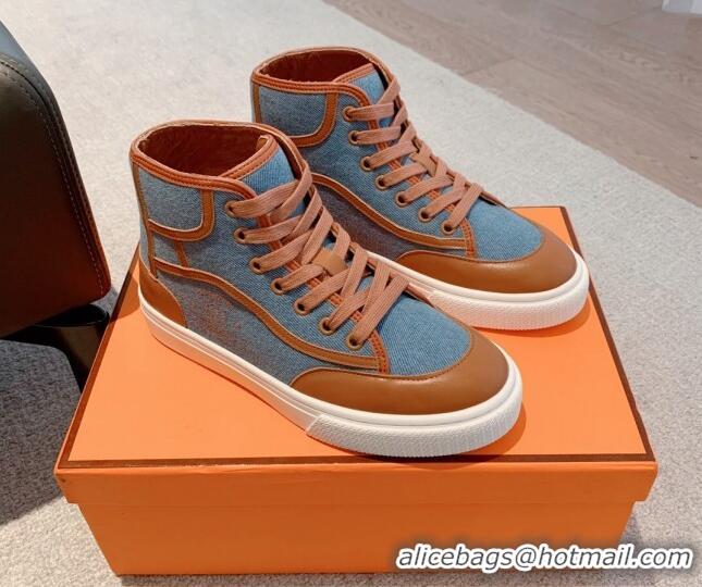 Best Price Hermes Get Up High-top Sneakers in Denim and Calfskin Blue/Brown 620136