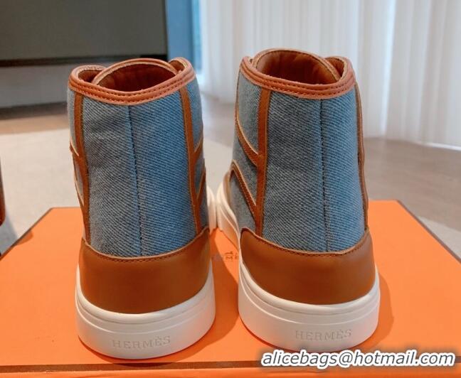 Best Price Hermes Get Up High-top Sneakers in Denim and Calfskin Blue/Brown 620136