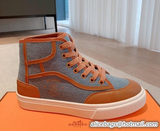 Best Price Hermes Get Up High-top Sneakers in Denim and Calfskin Blue/Brown 620136