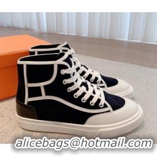 Classic Hot Hermes Get Up High-top Sneakers in Denim and Calfskin White/Black 620138