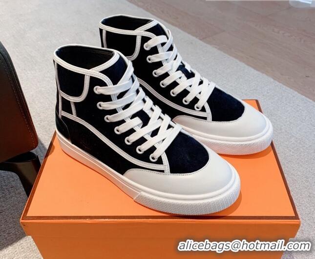 Classic Hot Hermes Get Up High-top Sneakers in Denim and Calfskin White/Black 620138