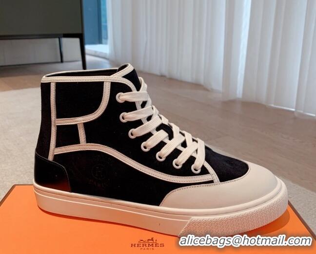 Classic Hot Hermes Get Up High-top Sneakers in Denim and Calfskin White/Black 620138