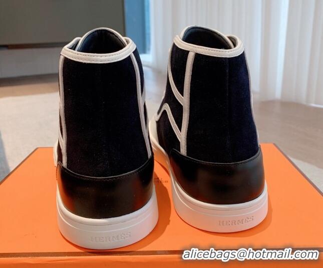 Classic Hot Hermes Get Up High-top Sneakers in Denim and Calfskin White/Black 620138