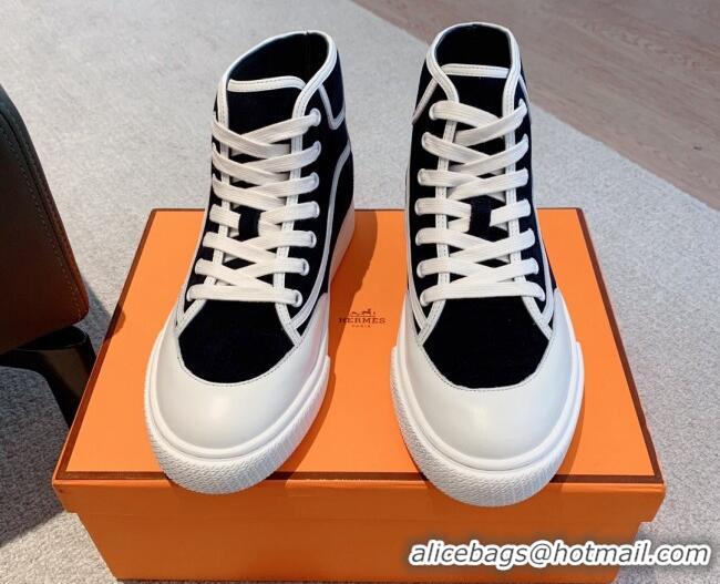 Classic Hot Hermes Get Up High-top Sneakers in Denim and Calfskin White/Black 620138