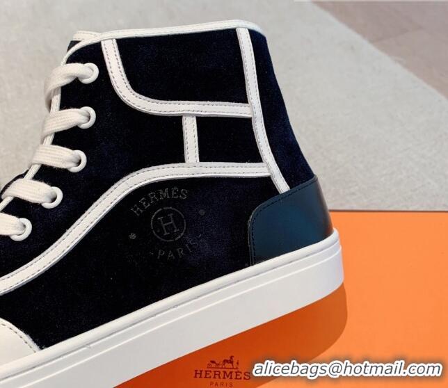 Classic Hot Hermes Get Up High-top Sneakers in Denim and Calfskin White/Black 620138