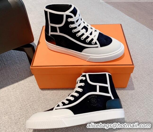 Classic Hot Hermes Get Up High-top Sneakers in Denim and Calfskin White/Black 620138