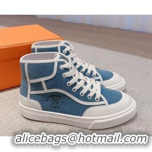 Unique Style Hermes Get Up High-top Sneakers in Denim and Calfskin Blue/White 620140