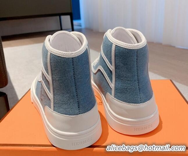 Unique Style Hermes Get Up High-top Sneakers in Denim and Calfskin Blue/White 620140