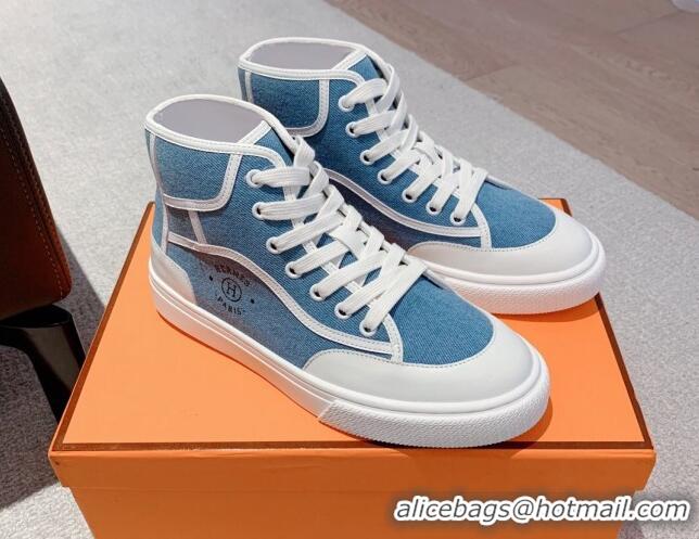 Unique Style Hermes Get Up High-top Sneakers in Denim and Calfskin Blue/White 620140