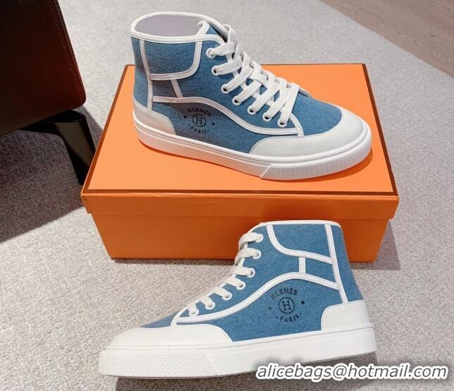 Unique Style Hermes Get Up High-top Sneakers in Denim and Calfskin Blue/White 620140