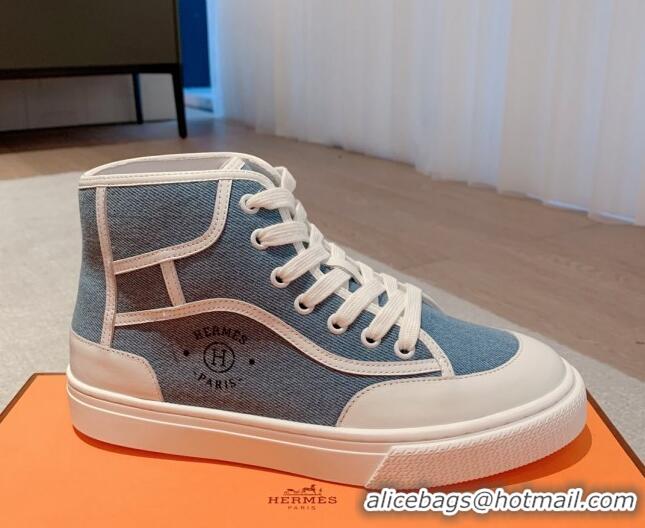 Unique Style Hermes Get Up High-top Sneakers in Denim and Calfskin Blue/White 620140