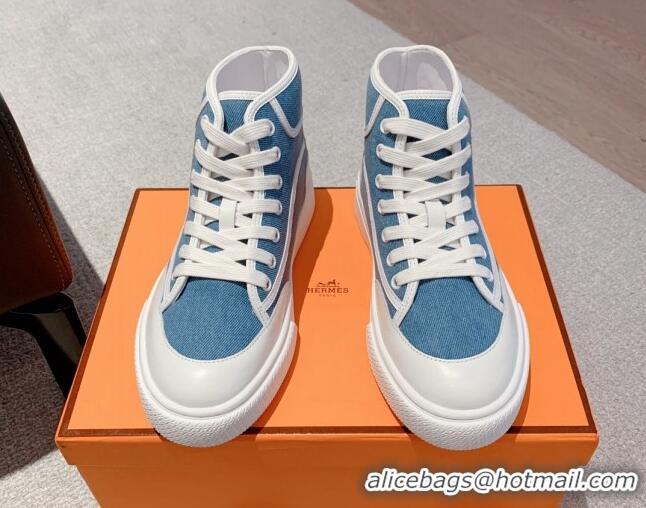 Unique Style Hermes Get Up High-top Sneakers in Denim and Calfskin Blue/White 620140