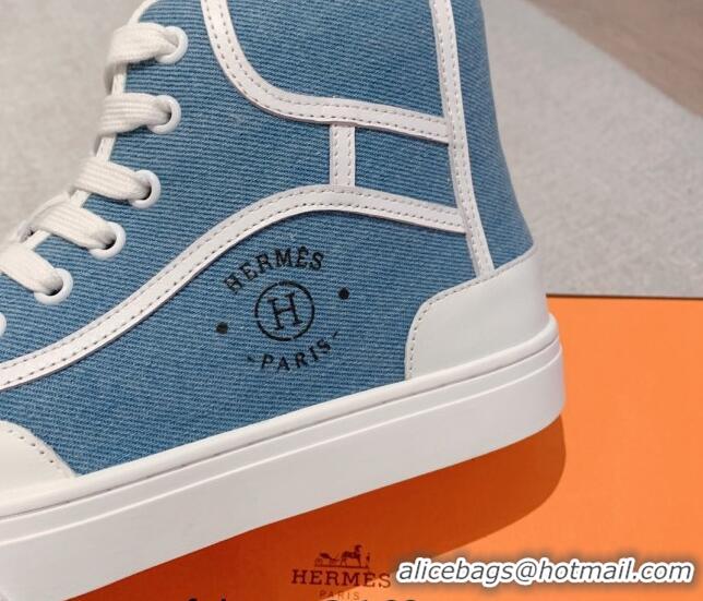 Unique Style Hermes Get Up High-top Sneakers in Denim and Calfskin Blue/White 620140